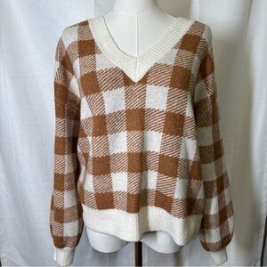 LOFT Brown and Cream Checkered V-Neck Sweater. Size M.
